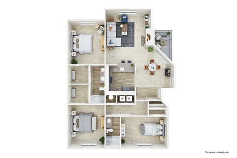 Floor plan for 3 beds, 2 baths, 1154 sqft